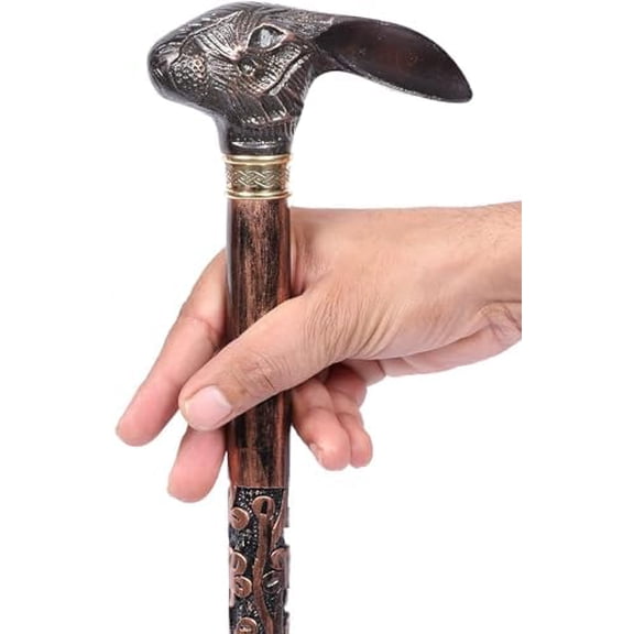 Rare Antique Cane Walking Stick With Rabbit Head Designer Premium Wooden Carved Walking Cane, Carved Cane Beautifull Cane Walking Handle Wooden Cane Stick For Men, Women, Elderly People