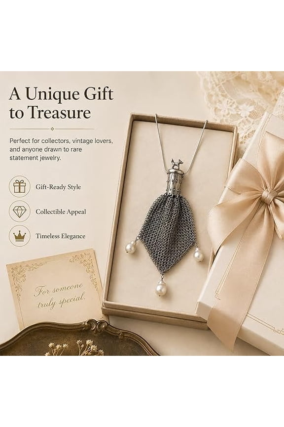 Rare Antique Dog Motif Baroque Pearl Chainmail Purse Necklace – Bag Shaped Necklace with Storage Function for Women – Vintage Statement Jewelry (1 PC)
