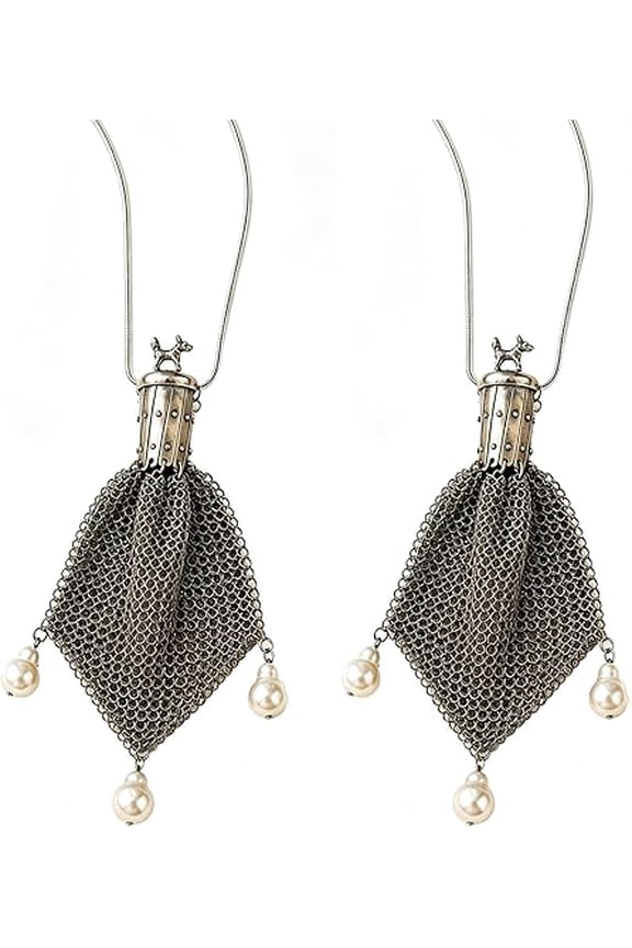 Rare Antique Dog Motif Baroque Pearl Chainmail Purse Necklace – Storage Function Bag Necklace – Unique Gift for Dog Lovers and Jewelry Collectors (2 PCS)