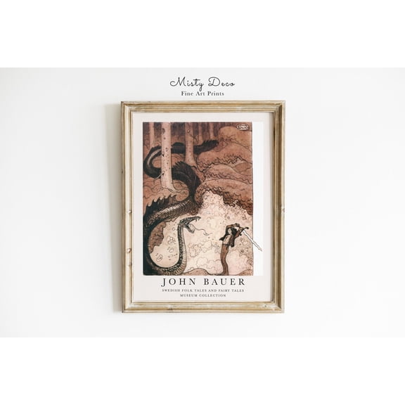 Rare Art By John Bauer Fairytale Boy And Snake Fight Vintage Folklore Golden Age Of Illustration