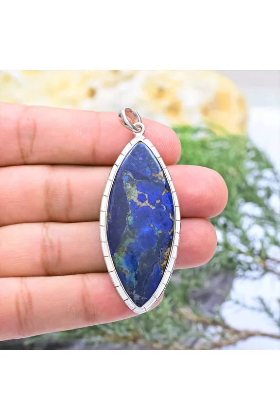 Rare Azurite Malachite Crystal Marquise Shape Sterling Silver Pendant Women For Gifts