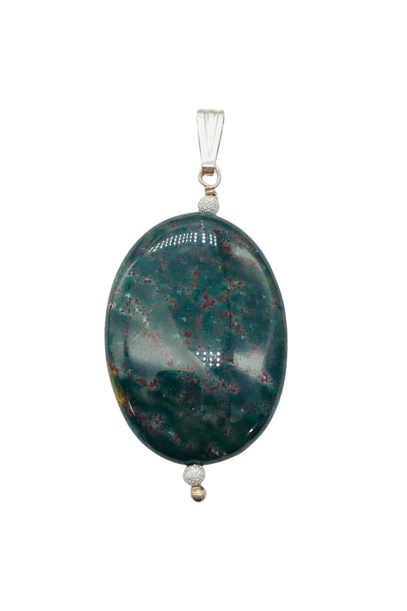 Rare Bloodstone Sterling Silver Oval Pendant with Quartz Crystal | 2" Long |