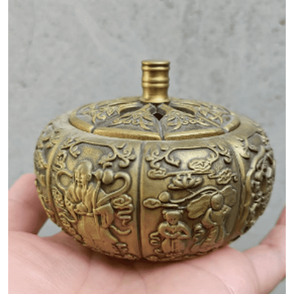 Rare Brass Heavy Pumpkin incense burner With Cloud relief Lid Censer Holder Bronze Candle Burner holder Ash Catcher Yoga Charcoal Stove ZEN