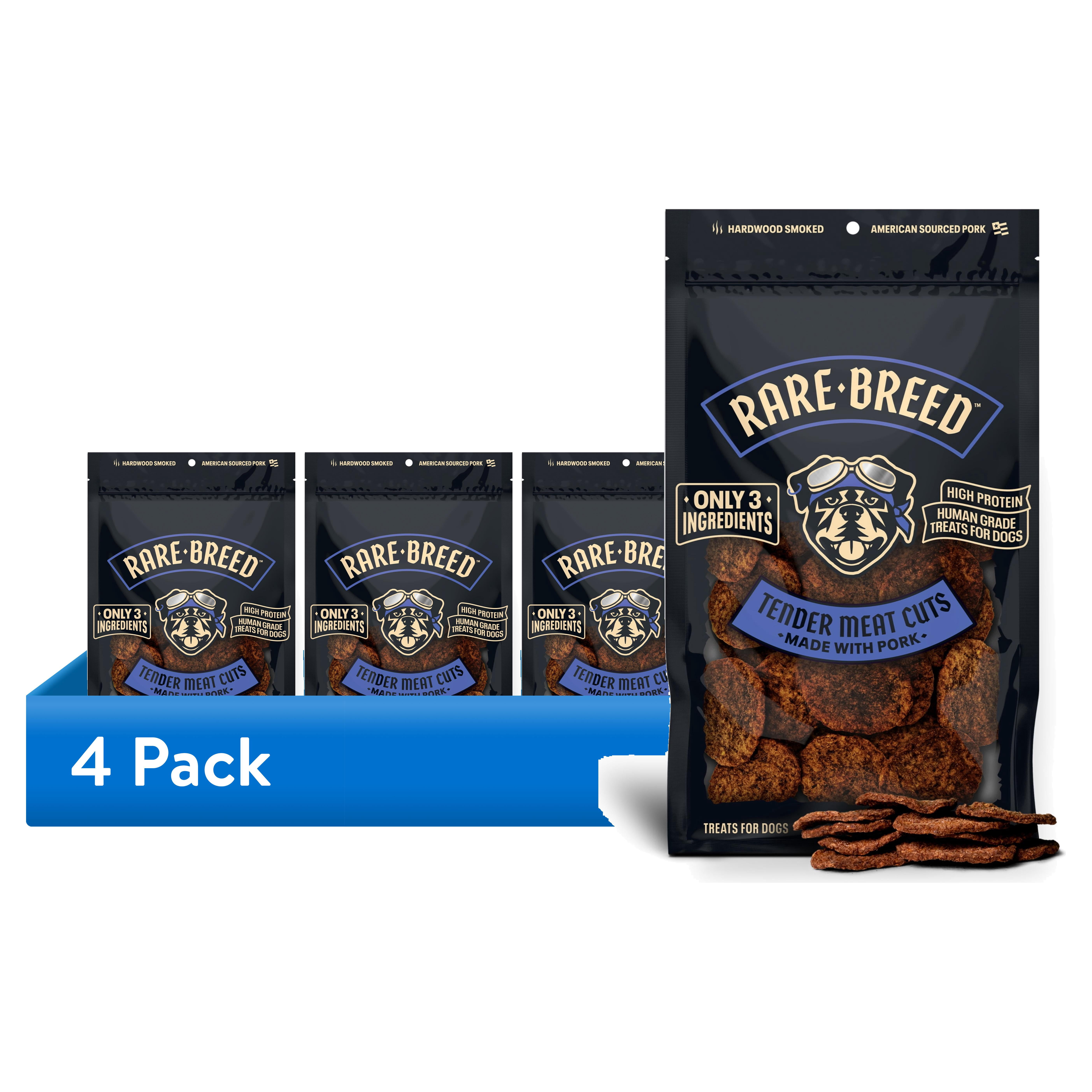 (4 pack) Rare Breed Dog Treats, 12 Ounce, Tender Meat Cuts Made with Pork, 3 Ingredients, Human Grade, for all Dog Sizes
