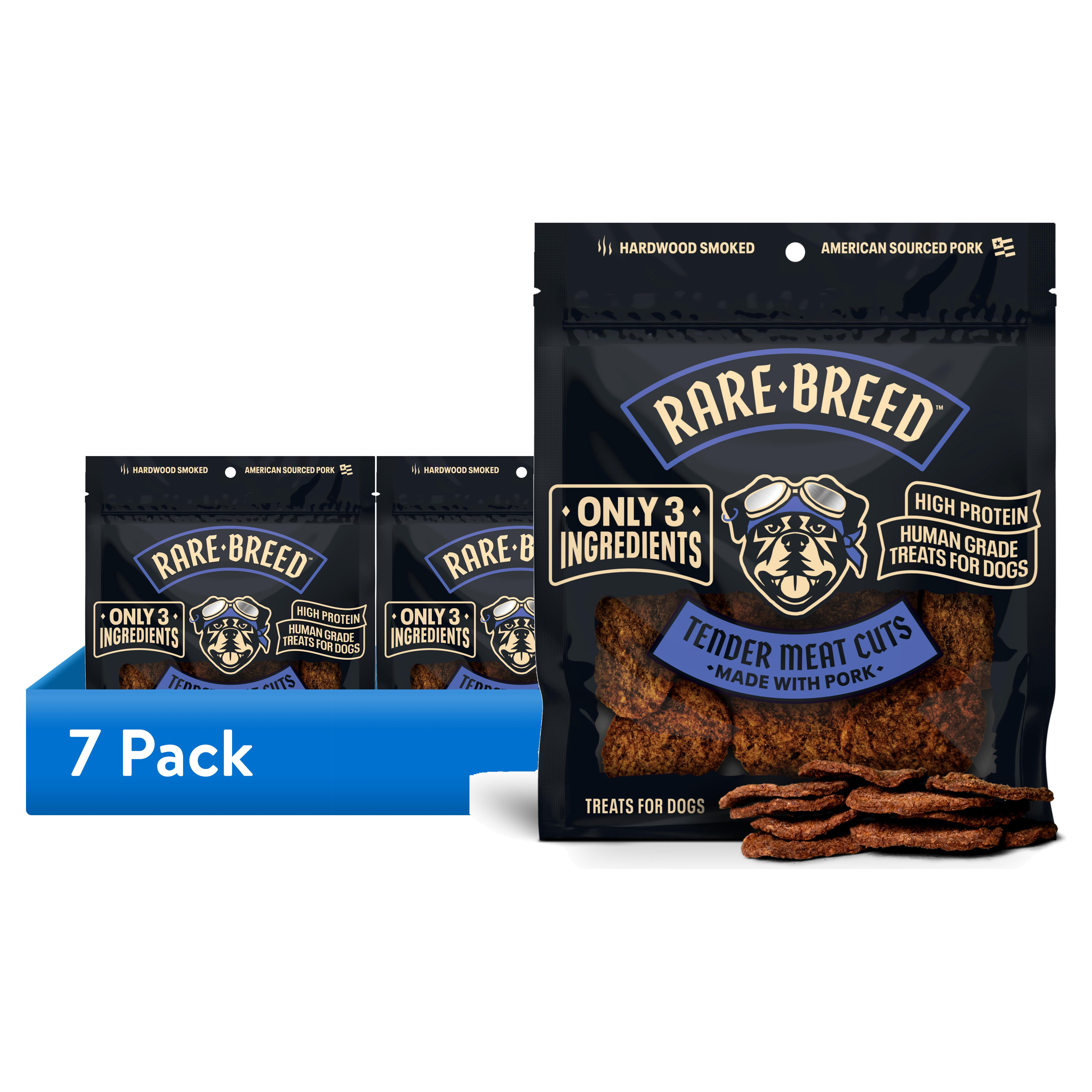 (7 pack) Rare Breed Dog Treats, Tender Meat Cuts Made with Pork, 3 Ingredients, Human Grade, 4.5 Ounce packs, for All Sized Dogs