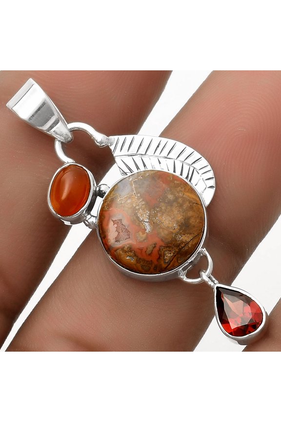 Rare Cady Mountain Agate, Carnelian & Garnet 925 Silver Pendant Jewelry P-1414 SDP118767