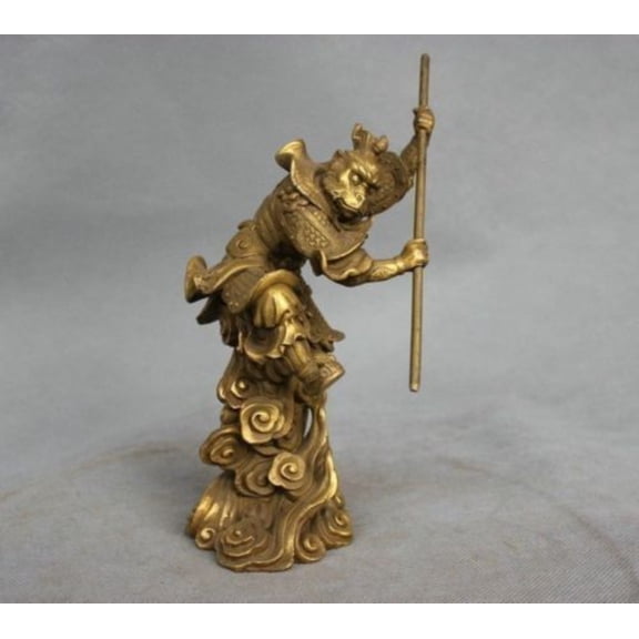 Rare Chinese Mythology Bronze Sun Goku Monkey King Holding Stick Battle Statue -