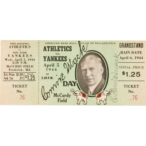Rare Connie Mack Signed April 5, 1944 "Connie Mack Day Ticket "With JSA COA