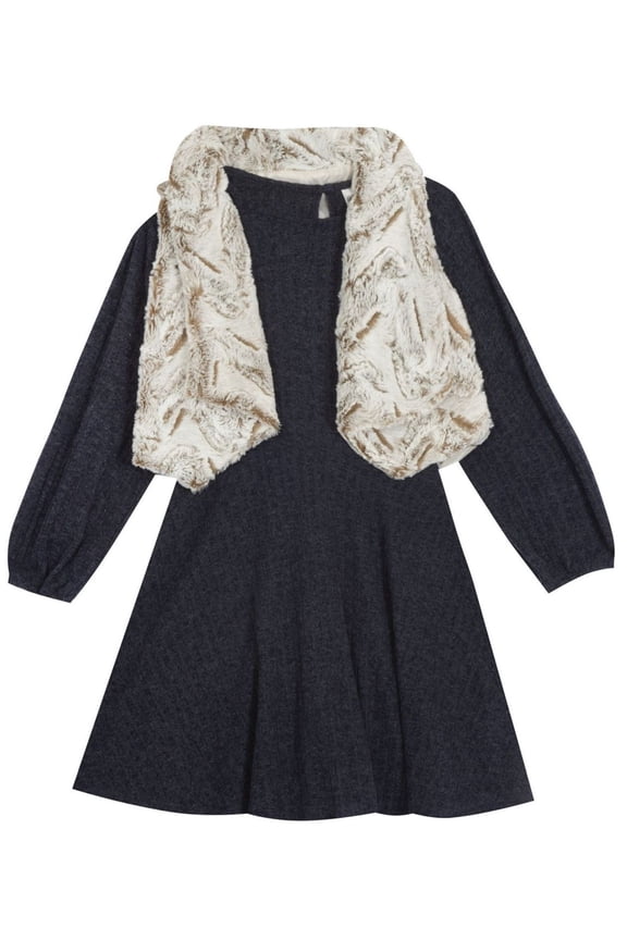 Big Girl Sweater Knit Dress With Faux Fur Vest