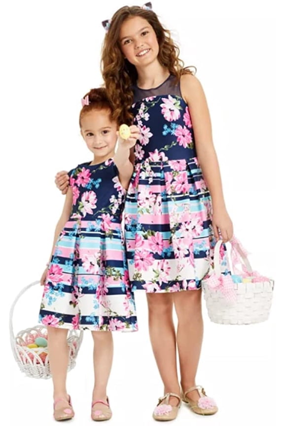 Big Girls Flowers & Stripes Illusion Dress, Classy Cottons, Navy, 8