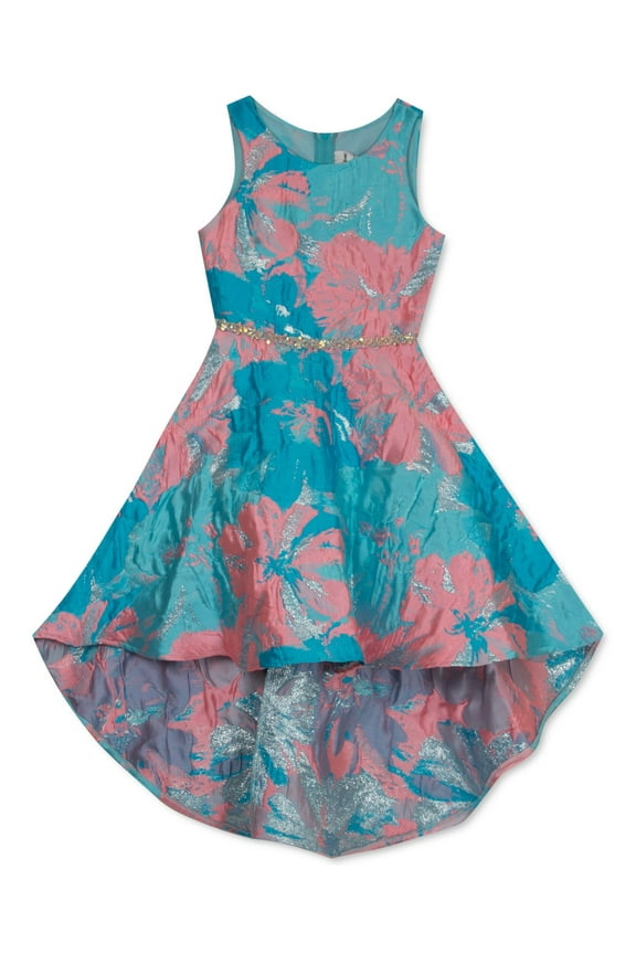 Big Girls High-Low Brocade Dresses, Navy, 7