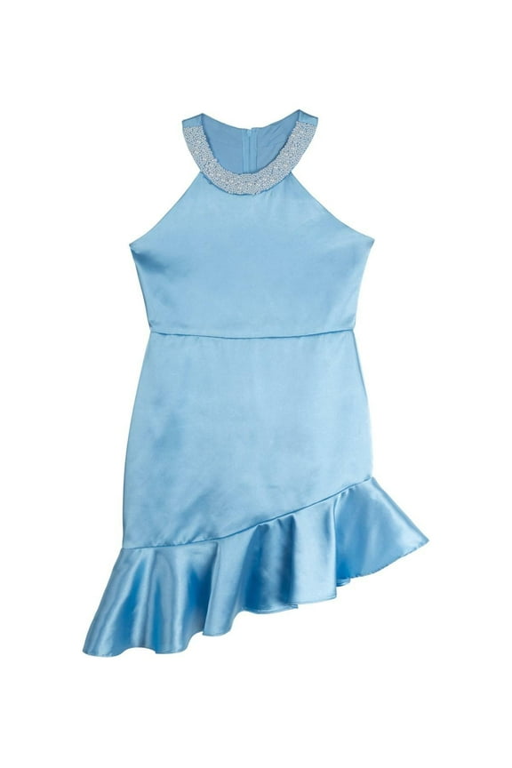 Big Girls Sleeveless Imitation Pearl Halter Social Dress - Blue