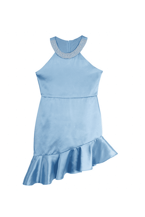 Big Girls Sleeveless Imitation Pearl Halter Social Dress - Blue