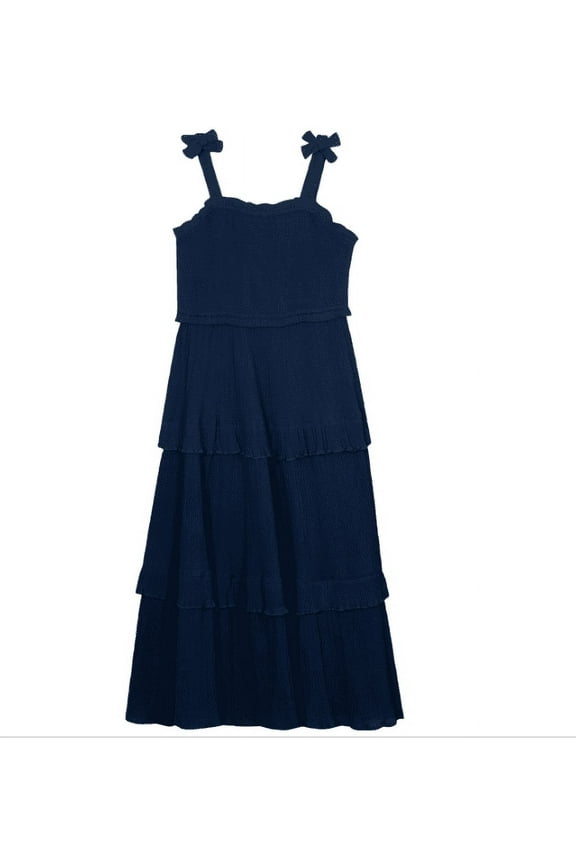 Big Girls Smocked Bodice Tiered Ruffle Maxi Dress - Navy