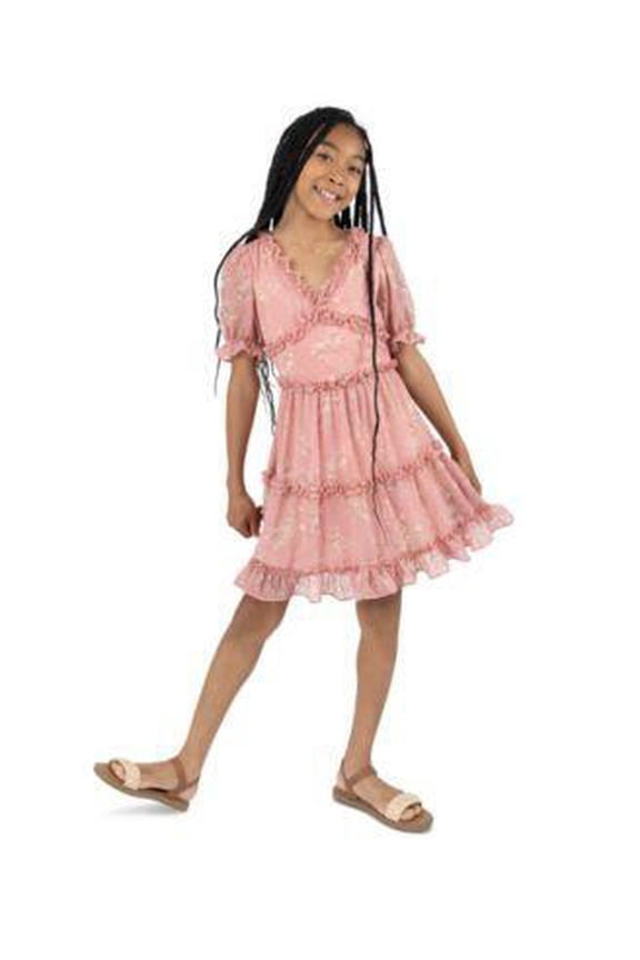 Big Girls V-Neck Floral-Clip-Dot-Chiffon Dress & Necklace, 2 Piece Set