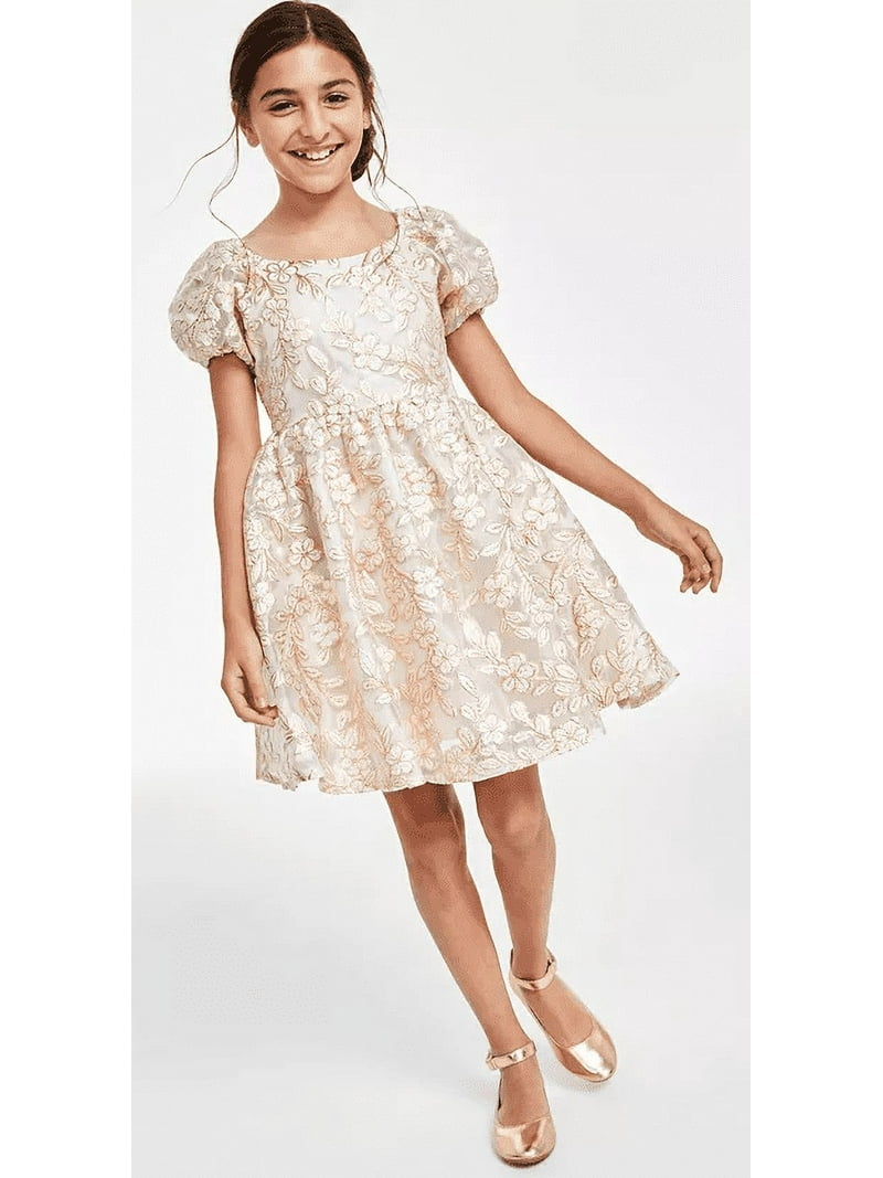 Rare Editions Big Girls Gold Brocade Floral Embroidered Dress - Gold - Size 16