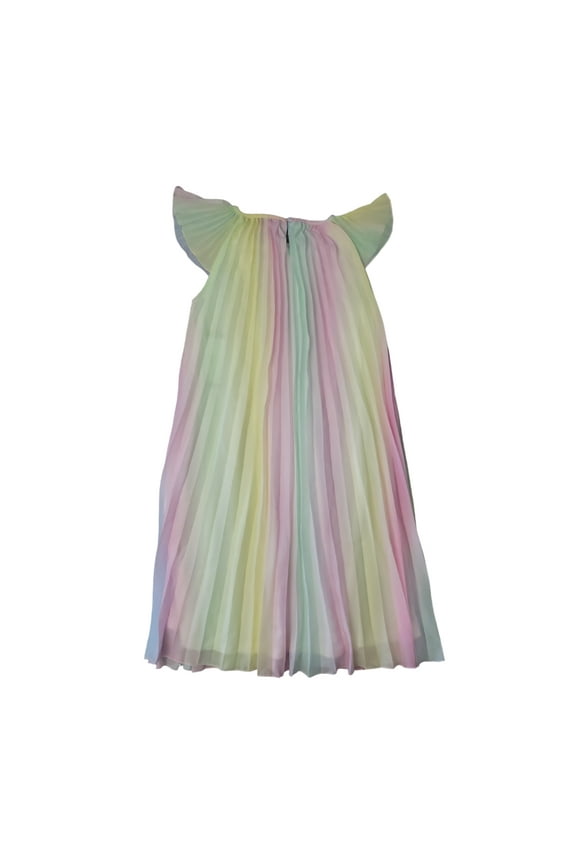 Girls Chiffon Ruffled Sleeve Lined Skirt Dress (Rainbow Pleat, XL)