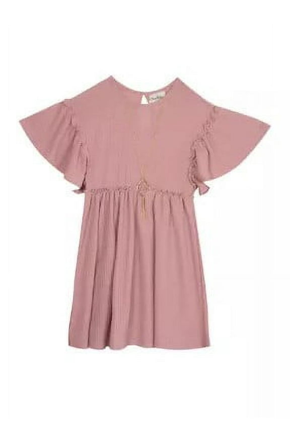 Girls Rib Knit Flutter Sleeve Babydoll Dress, Blush, Size 12