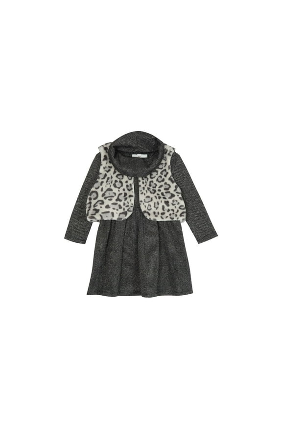 Little Girls Cowl Neck Dress Animal Print Fur Vest Black 6X