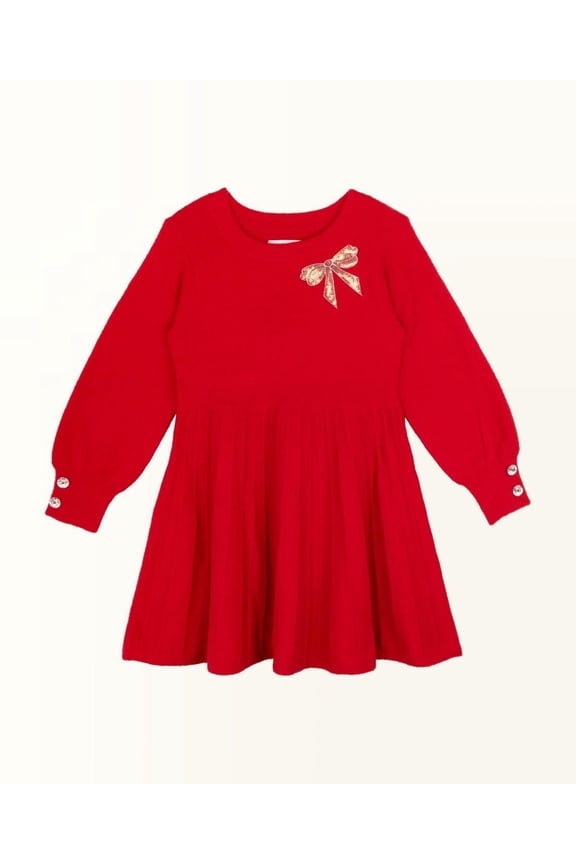 Rare Editions Little Girls Fuzzy Sweater Dress with Bow Applique - Red