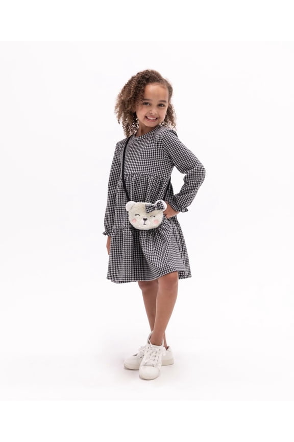 Little Girls Long Sleeve Houndstooth Print Knit Dress with Bag Set - Black