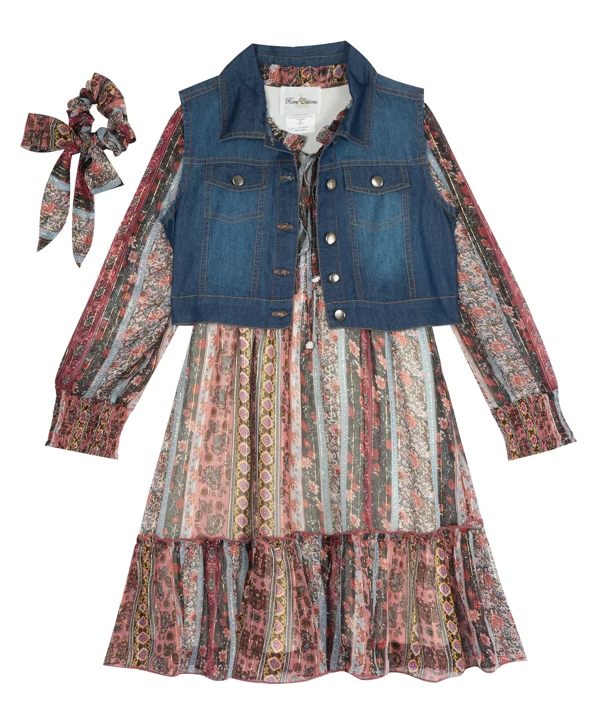 Rare Editions MAGENTA Big Girls Tiered Dress with Denim Vest, 3 Piece Set,  US 10 - Walmart.com