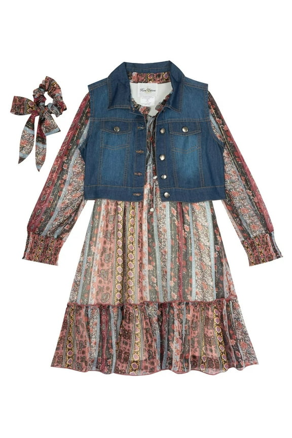 MAGENTA Big Girls Tiered Dress with Denim Vest, 3 Piece Set, US 10