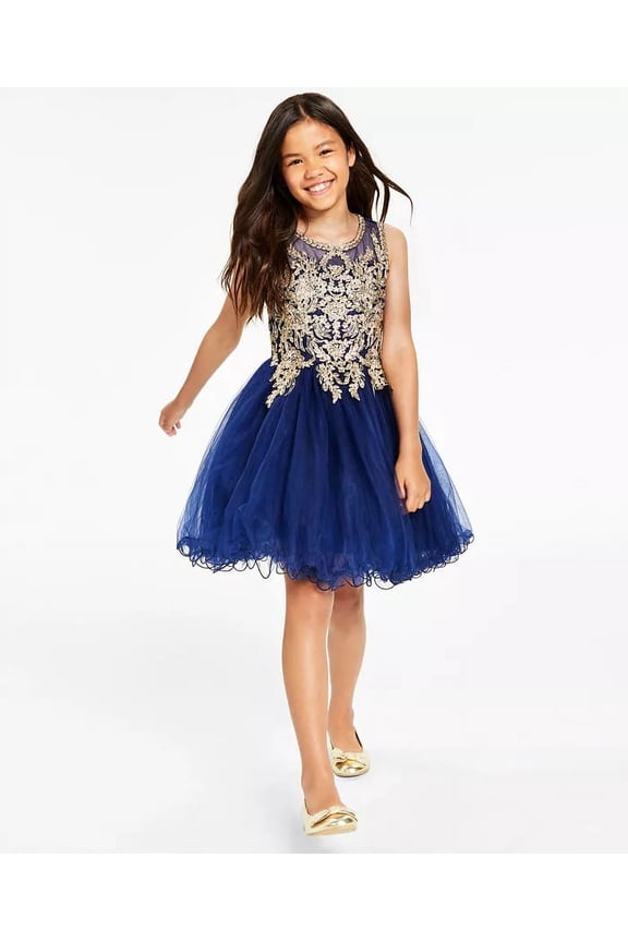 NAVY Girls Mesh Wire Hem Dress With Embroidered Applique, US 16