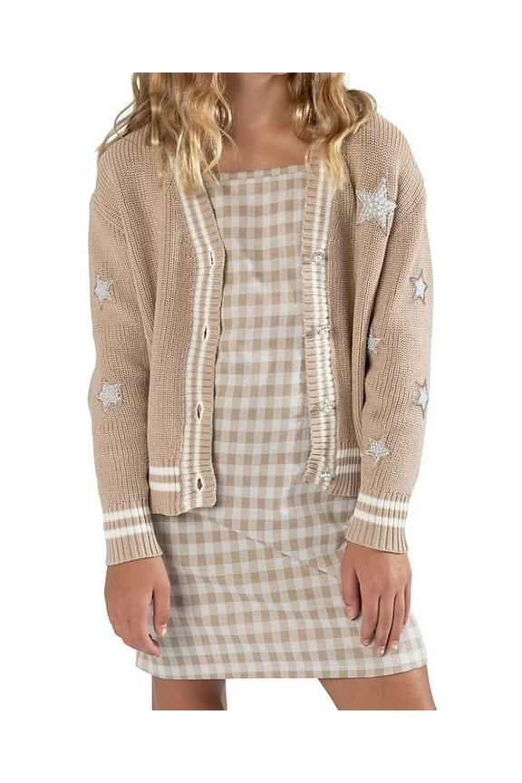 TAUPE Big Girls Varsity Cardigan and Matching Dress, 2 Pc, US 7
