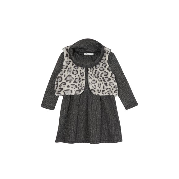 Rare Editions Toddler Girls Cowl Neck Dress Animal Print Fur Vest Black 3T