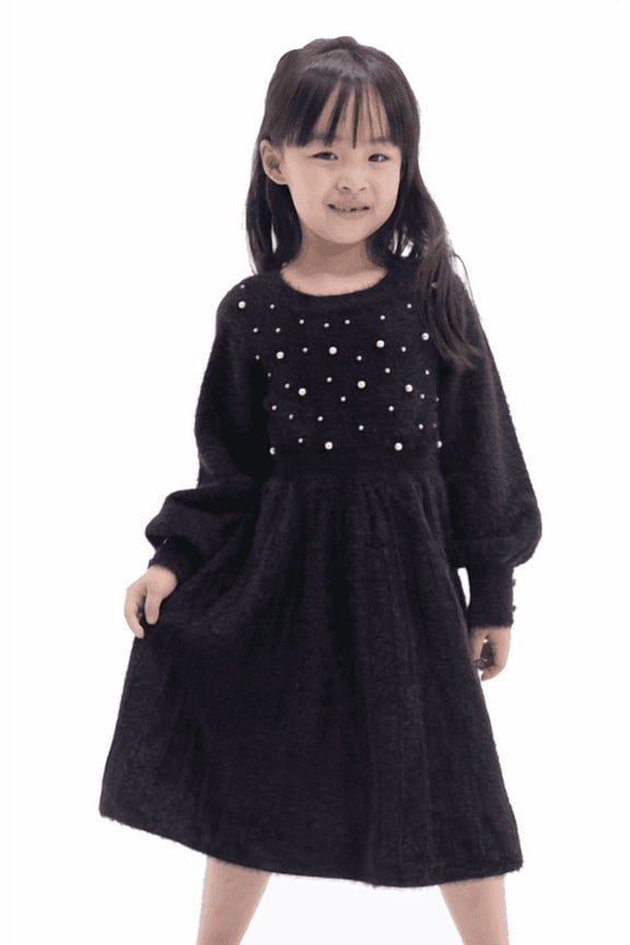 Toddler Girls Long Sleeve Immitation-Pearl Embellished Sweater Dress - Black