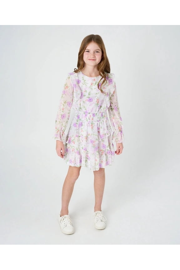 WHITE Big Girls Floral Chiffon Dress, US 10
