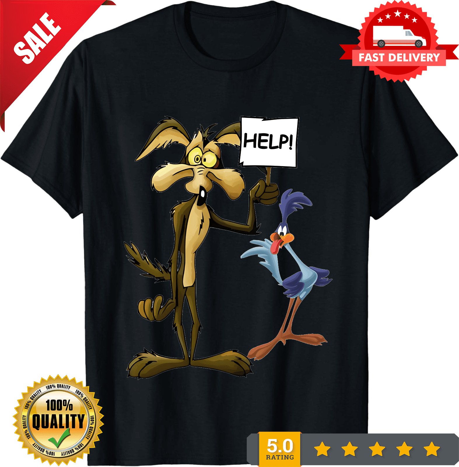 Rare Funny Wile E Coyote and the Road Runner Help T Shirt S-5XL Black ...