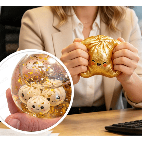 Rare Gold Glitter Dumpling Squishy Toys Contain Small Buns Inside with Steamer Box, Soft Squeeze Squishy Balls, Stress Relief Sensory Bun Squishy for Desk Display