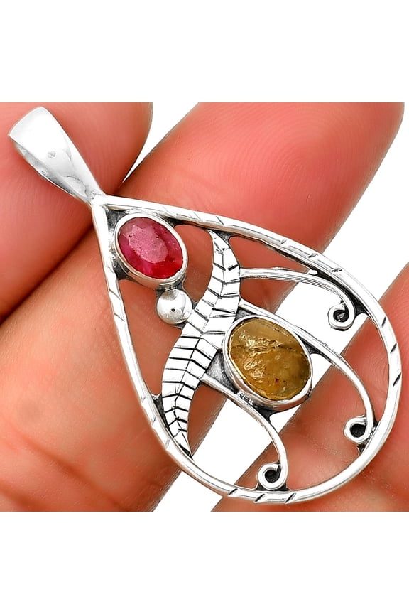 Rare Kornerupine Rough & Ruby Quartz 925 Sterling Silver Pendant Jewelry P-1376 SDP133110