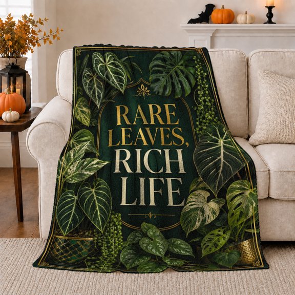 Rare Leaves Rich Life Botanical Typography, Cozy Typography Art Scene, Warm Flannel Blanket for Living Room and Reading Nook, Art Lovers Housewarming Gift, Artistic Home Decor