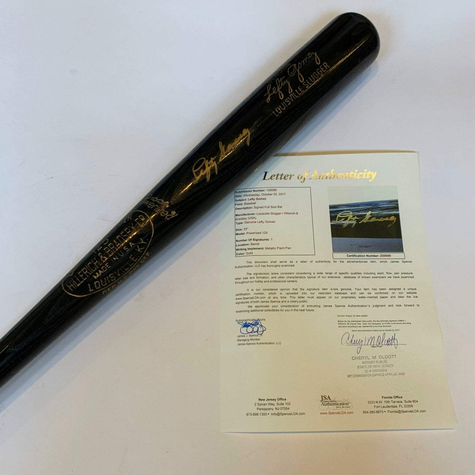 Rare Lefty Gomez Signed Louisville Slugger Game Model Bat With JSA COA
