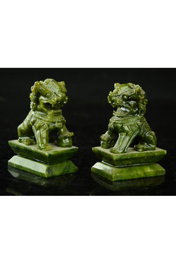 Rare Pair of 100% Chinese Natural Green Jade Hand Statues fo Dogs and Lions