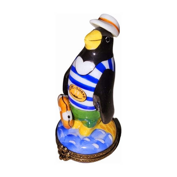 Rare Penguin Lifeguard Figurine for Collectors Limoges Box Porcelain Figurine