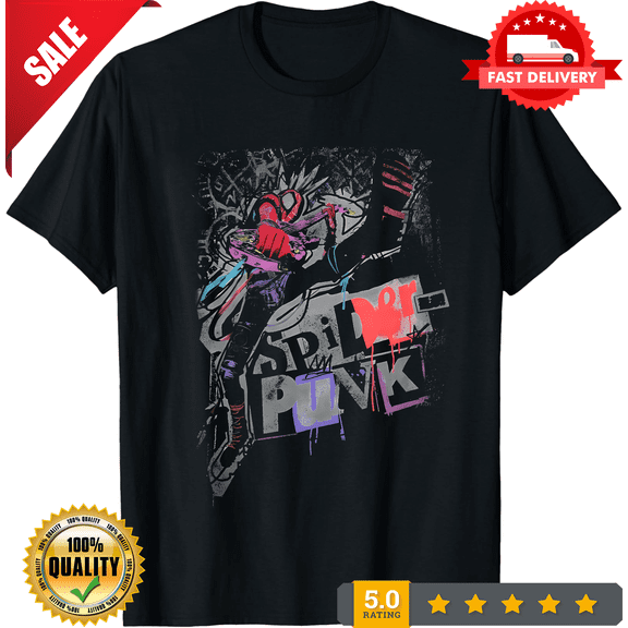 Rare Spider-Punk New Adult T-Shirt - Splits Guitar Over Graffiti Name Stone Washed, LIMITED EDITION-TH65529