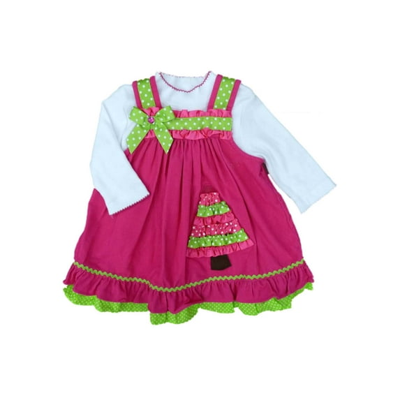 Rare Too! Infant Girls 2 PC Pink Corduroy Holiday Tree Jumper Dress Bodysuit 24m