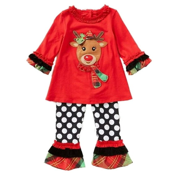 Rare Too! Toddler Girls 2 PC Holiday Outfit Reindeer Shirt & Dot Pants Set