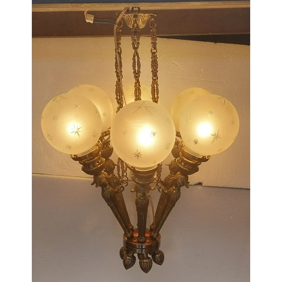 Rare Vintage Art Deco Nouveau Mashaal 6-Light Brass & Glass Hanging Chandelier