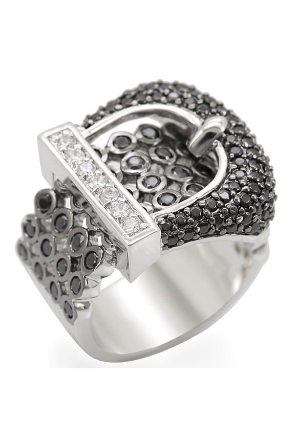 1W048 - Rhodium + Ruthenium Brass Ring with AAA Grade CZ in Black Diamond
