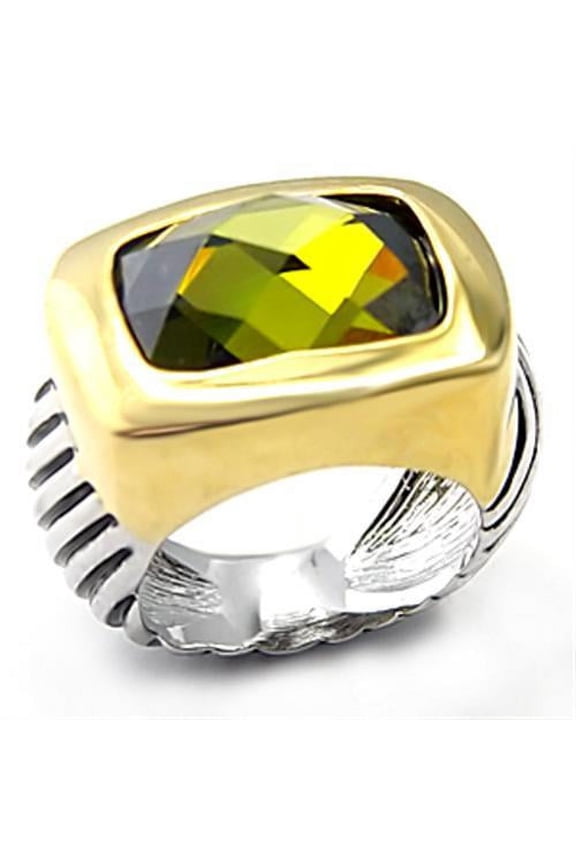7X127 - Reverse Two-Tone Brass Ring with AAA Grade CZ in Olivine color