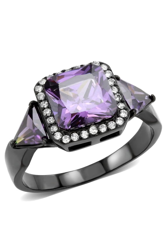 DA346 - IP Black(Ion Plating) Stainless Steel Ring with AAA Grade CZ in Amethyst