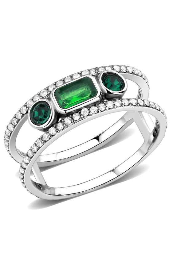 DA348 - High polished (no plating) Stainless Steel Ring with Synthetic Synthetic Glass in Emerald