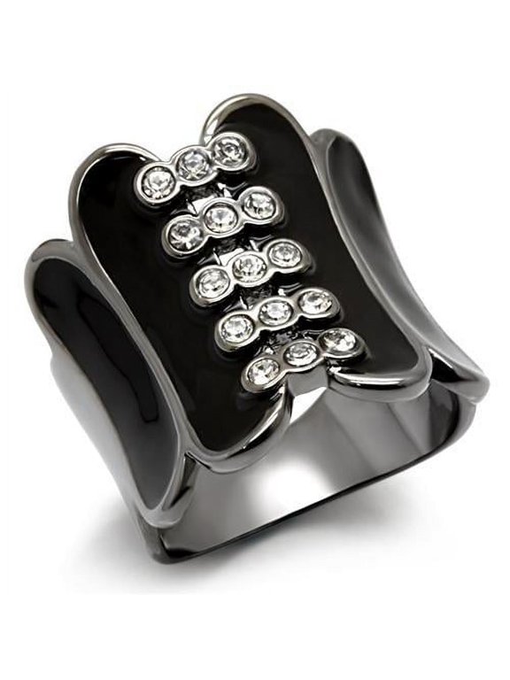 LO1623 - TIN Cobalt Black Brass Ring with Top Grade Crystal in Clear