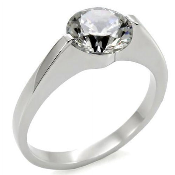 RareGem TK012 - High polished (no plating) Stainless Steel Ring with AAA Grade CZ in Clear