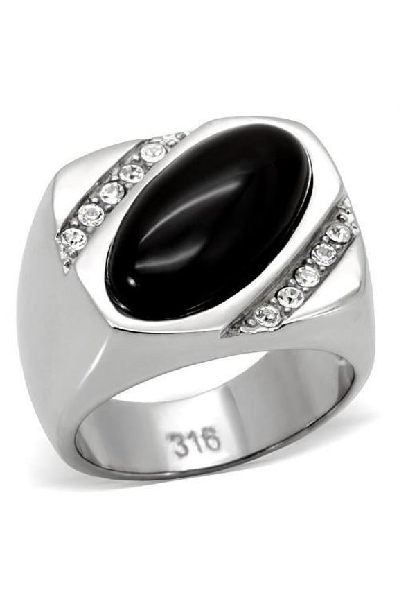 TK02214 - High polished (no plating) Stainless Steel Ring with Semi-Precious Agate in Jet